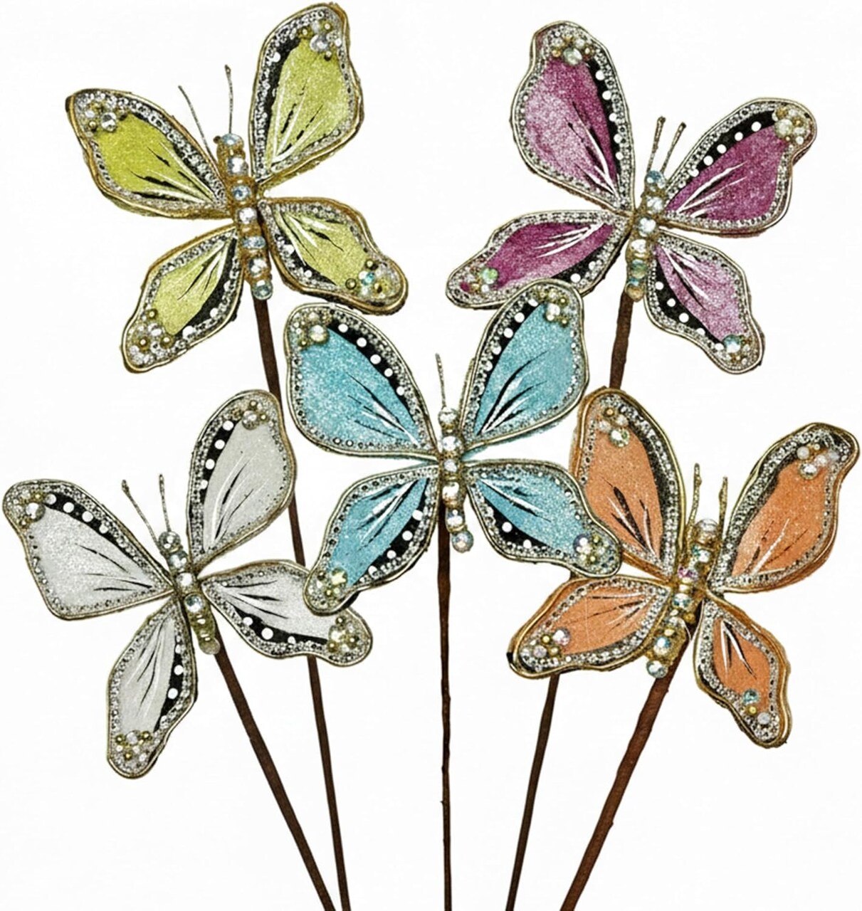 Jeweled Butterfly Floral Picks - Spring Easter Wedding Decor, Set of 5 - Final sale / Non-returnable and Non-refundable